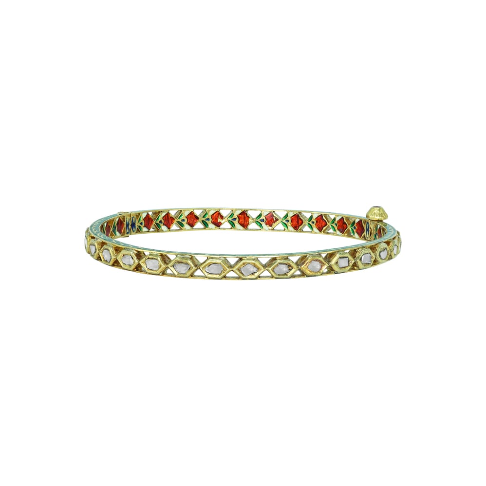 Geometric Polki Bangle with Red Enamel Accents
